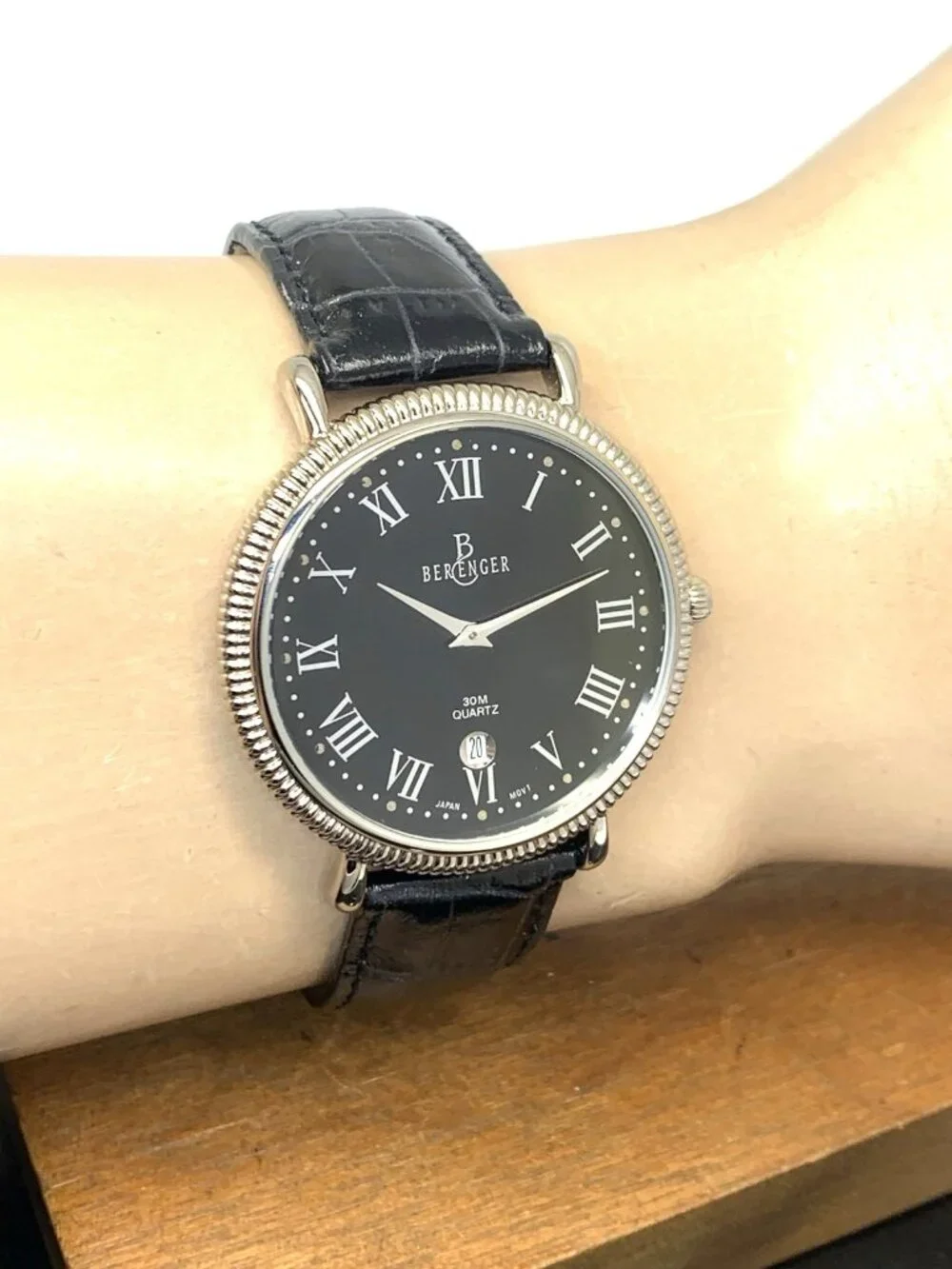 Bergenger Men's Watch Quartz Black Dial Silver Tone Case Leather Strap 38mm